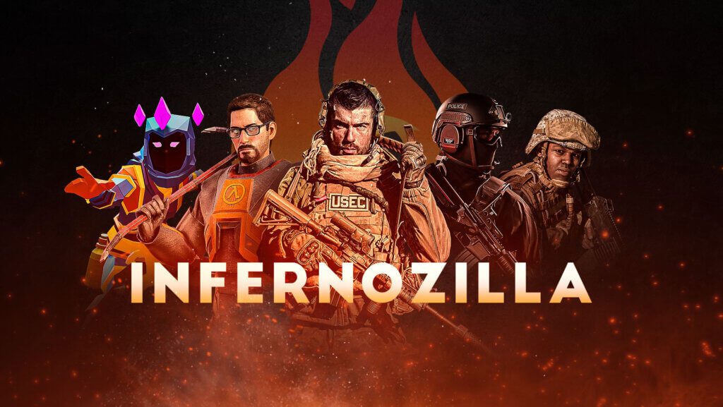 A collection of characters from various video games standing side by side against a dark, fiery backdrop. Above them, the silhouette of flames rises, enhancing the intensity of the scene. The characters are dressed in distinctive gear and outfits representative of their respective games. Text overlay in all caps: INFERNOZILLA