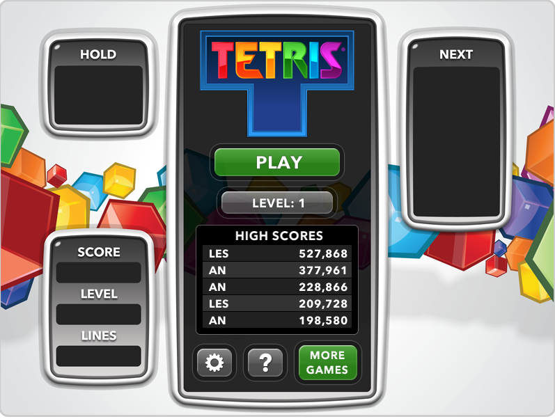 Screenshot of a Tetris game interface displaying high scores, with vibrant geometric shapes in the background and a 'Play' button ready to start a new game