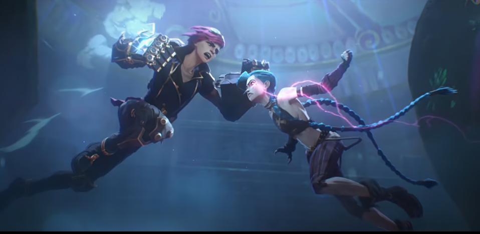 Jinx and Vi wallpaper in a pose attacking one another