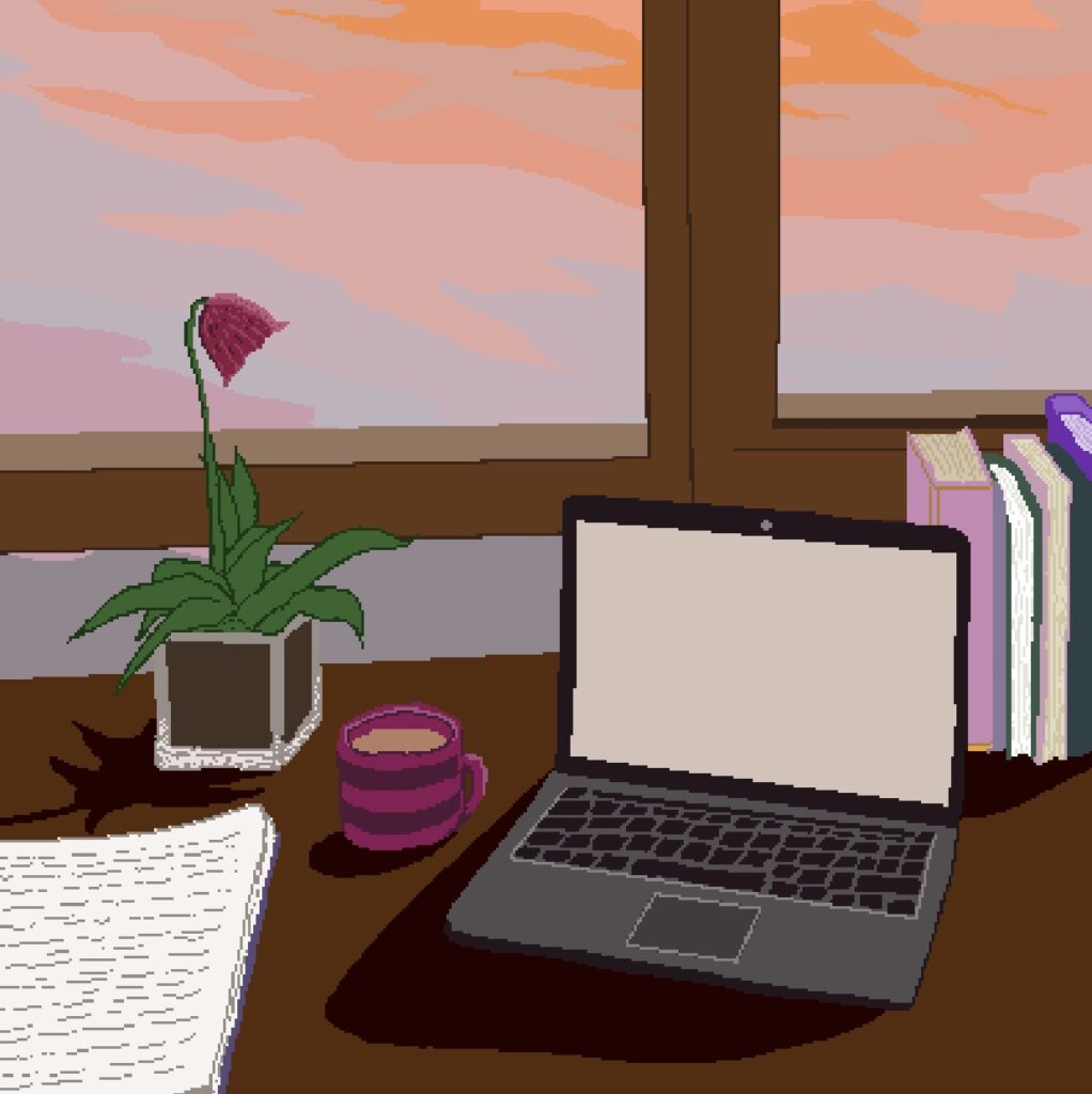 pixel art of a workspace with a laptop and books overlooking a window with a sunset sky