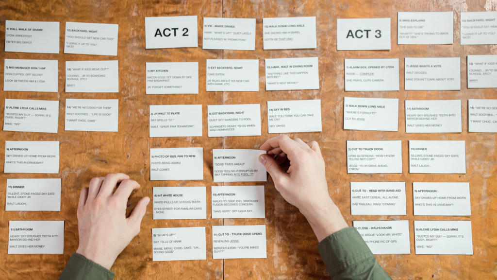 storyboard on a cork board with small flash cards for different story acts, hands holding one flashcard