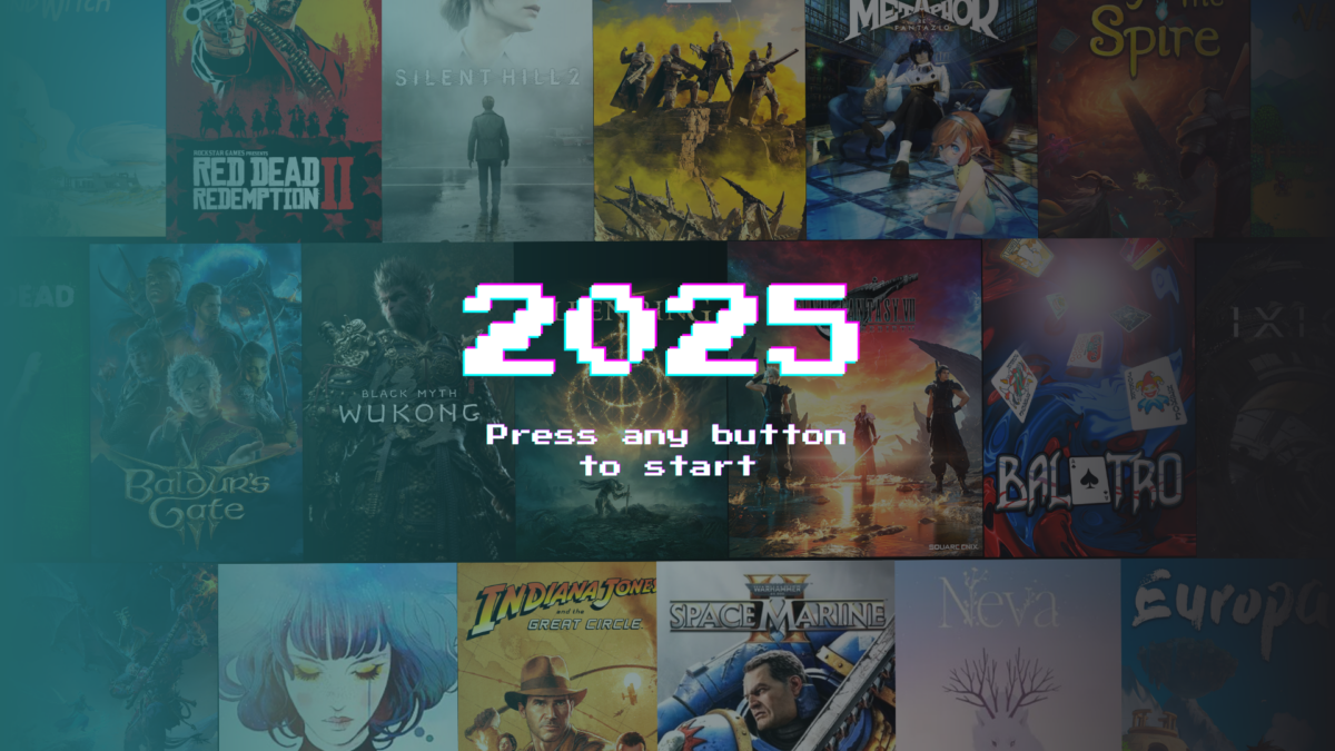 Collage of video game covers with a central overlay reading '2025 - Press any button to start.' The background features prominent titles like Red Dead Redemption II, Silent Hill 2, Baldur's Gate 3, Black Myth Wukong, and more, emphasizing a gaming-themed design for the year 2025.